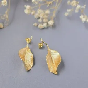 Authentic Gold Plated Sterling Silver Curled Leaf Earrings Organic Handmade Unique Chic