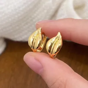 Authentic 18K Gold Plated Leaf Huggie Hoop Earrings Chunky Statement Women