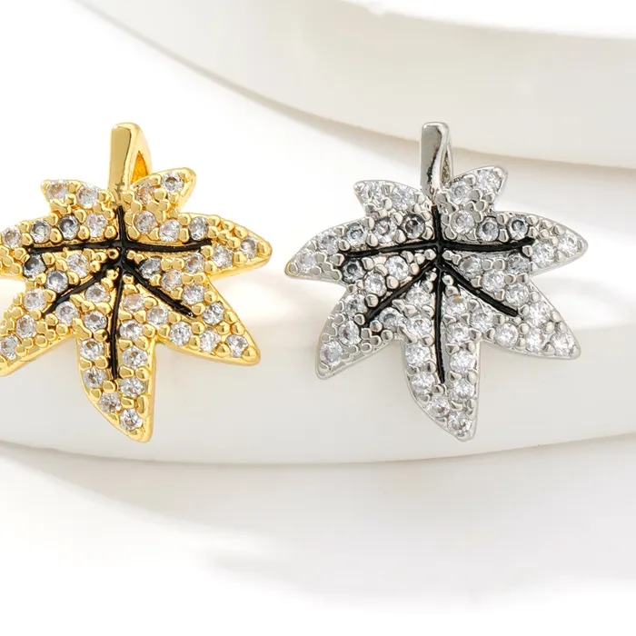 Authentic 18K Gold Plated Maple Leaf Charms Pendant For Necklace Making Accessories,Inlaid Zircon Maple Leaf Charms,Jewelry Material
