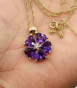 Authentic 2.20Ct Heart Cut Simulated Amethyst Flower Women Pendant 14K Yellow Gold Plated