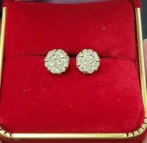 Authentic 1.00Ct Natural Round Moissanite Cluster Flower Studs 10K Yellow Gold Plated