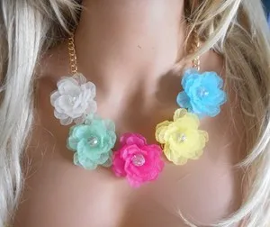 Authentic Multi Colored Flower Gold Plated Necklace Lucite Petals Summer Favorite