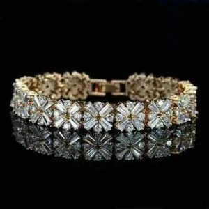 Authentic 14K Yellow Gold Plated 7.5Ct Baguette Simulated Diamond Flower Tennis Bracelet