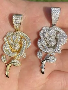 Authentic Ladies Solid 925 Silver Rose Flower Pendant Necklace Hip Hop Gold Plated Iced CZ