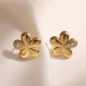 Authentic Shining Zircon Five Leaf Flower Gold-plated Straight Needle Stud Earrings
