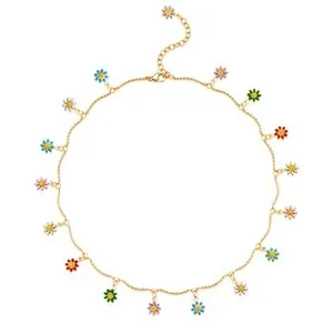 Authentic Cute Daisy Flower Choker Necklace for Women Colorful Gold Plated Jewelry
