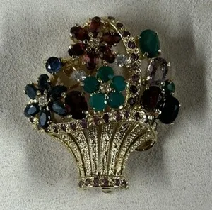 Authentic Gold Plated Multi Gem Flower Basket Brooch