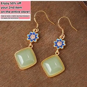 Authentic Jade Drop Dangle Earrings Flower Gemstone Boho Minimalist Hook 18K Gold Plated