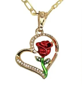 Authentic Rose Flower Heart CZ Pendant 20" Figaro Necklace 14k Gold Plated Jewelry