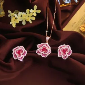 Authentic Rose Gold Plated Rose Red Flower Earring and Pendant Necklace Zircon Jewelry Set