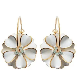 Authentic 18k Gold Plated White Enamel Flower Crystal Az2461e Hoop Earrings(dia. 3cm)