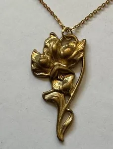 Authentic Flower gold tone metal charm pendant 2" necklace 24" Gold plated chain