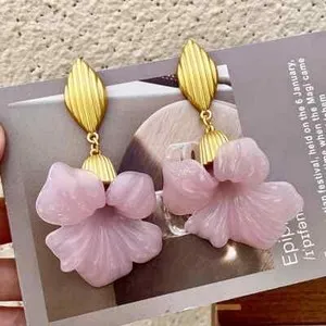 Authentic vintage unique retro design earrings pink flower gold plated dangle earrings