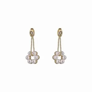 Authentic 18K Gold Plated Flower Pearl Drop Earrings Floral Dangle Stud Earrings 372