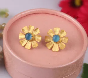 Authentic Gold Plated Flower Earrings Blue Chalcedony Stud Earrings Jewelry