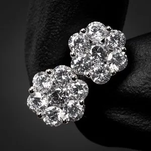 Authentic White Gold Plated Iced Cz Flower Set Men's Cluster Screw Back Stud Earrings