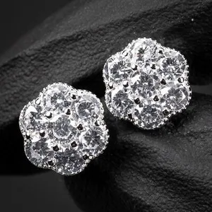 Authentic Brilliant Iced Cz Flower Cluster White Gold Plated Round Stud Earrings