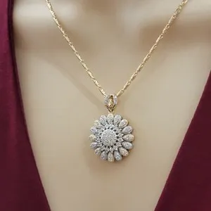 Authentic Two Color Gold Plated Woman Jewelry Clear Crystals Flower Pendant Necklace