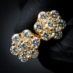 Authentic Iced Cz Large Yellow Gold Plated Hip Hop Flower Cluster Hip Hop Stud Earrings