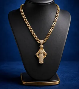 Authentic Gold plated none tarnishedCuban Link Chain Religious Necklace w/ Rhinestone