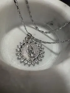 Authentic While Gold Plated Cz Mary Pendant Religious Christian W Chain