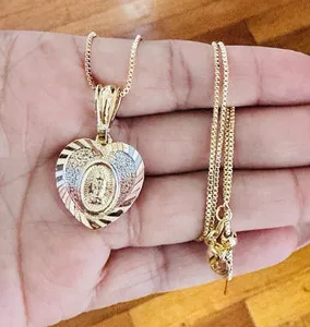 Authentic 14K Gold Plated Religious Heart Charm Pendant Necklace box Chain Lobster Clasp.