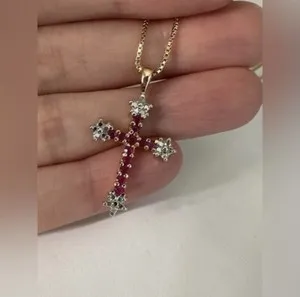 Authentic 2Ct Round Cut Simulated Red Ruby Religious Cross Pendant 14K Yellow Gold Plated