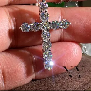 Authentic 3.00Ct Round Cut Real Moissanite Cross Religious Pendant 14K White Gold Plated