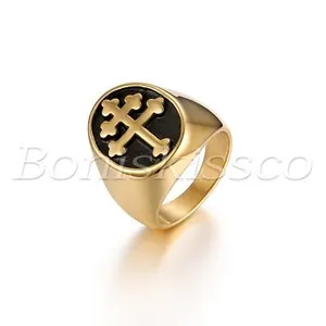 Authentic Men's Yellow Gold Plated Retro Glossy Religious Cross Band Ring