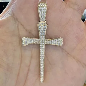 Authentic Nail Cross Religious Pendant 2.50Ct Round Cut Moissanite 14K Yellow Gold Plated