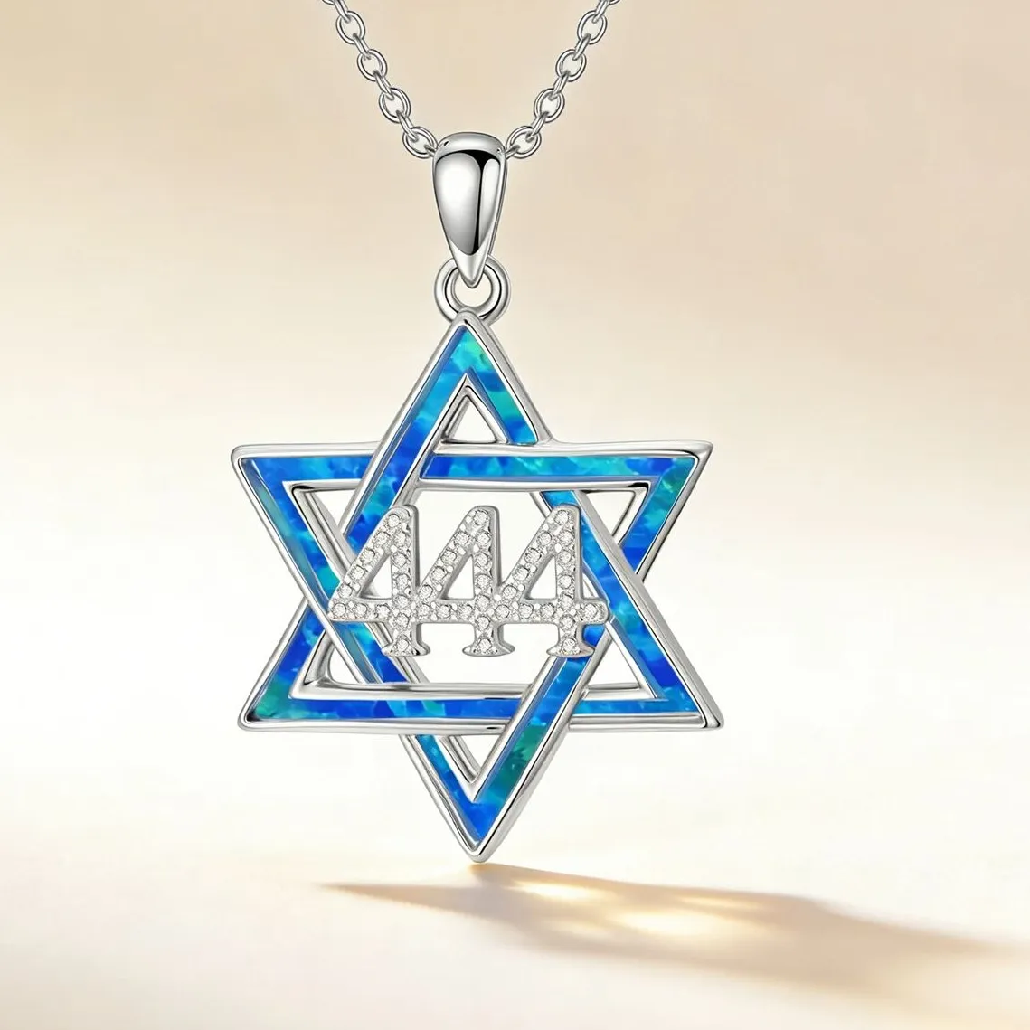 Authentic 444 Angel Number Star of David Pendant Spiritual Protection Jewelry,Blue Opal Inlay,Cubic Zirconia,Men & Women’s Faith Necklace