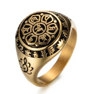 Authentic Gold Plated The Six Character Great Bright Mantra Tibetan Buddhism Men Ring M113
