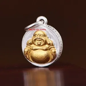 Authentic Solid 999 Fine Silver Gold-Plated Maitreya Buddha Pendant Six-Word Mantra Motif
