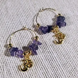 Authentic Gemstone Yoga Om Mantra Hoop Earrings 14K Gold Plated Amethyst