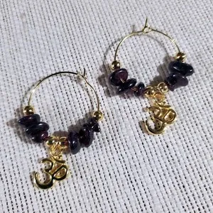 Authentic Gemstone Yoga Om Mantra Hoop Earrings 14K Gold Plated Garnet