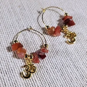 Authentic Gemstone Yoga Om Mantra Hoop Earrings 14K Gold Plated Red Agate