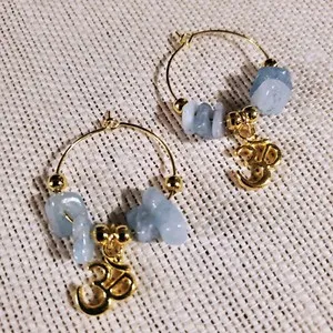 Authentic Gemstone Yoga Om Mantra Hoop Earrings 14K Gold Plated Aquamarine