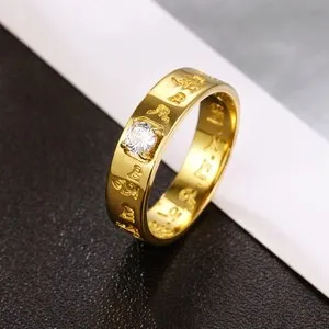 Authentic Six-Word Mantra Ring Ring with Zircon Stone Gold Plated Ring