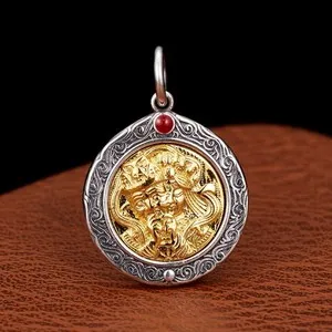 Authentic S925 Sterling Silver Zakiram Pendant Gold-Plated Reversible Mantra Amulet