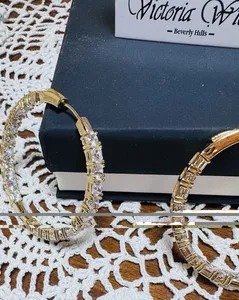 Authentic Victoria Wieck Yellow Gold Plated CZ Hoop Earrings Hinged Closure Clear/Gold