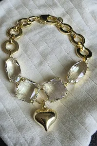 Authentic 14k Gold Plated 7" In Size Cable Chain Bracelet w/ Clear Crystal, Heart Charm,
