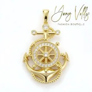 Authentic 14K Gold Plated Anchor Wheel Pendant Clear CZ Stones Nautical Charm 56mm