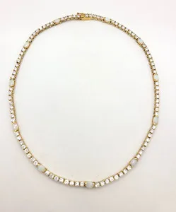 Authentic Gold Plated 925 3mm Oval Opal & Clear Zircons Tennis Chain 16" - 23.5gr
