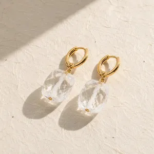 Authentic Natural Clear Quartz Cube Drop Earrings | 18K Gold Plated | Clarity & Focus