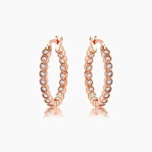Authentic Rose Gold Plated Dotted Clear CZ Round Bezel Hoop Earrings