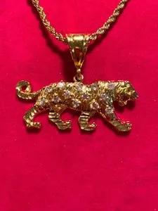 Authentic 14KT GOLD PLATED CLEAR CZ TIGER CHARM PENDANT W/ 16"-30" CHAIN NECKLACE - 9003