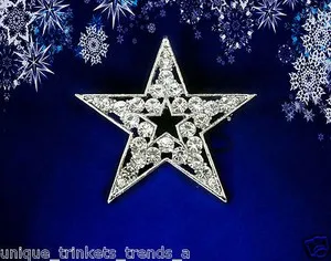Authentic CLEAR RHINESTONE SILVER WHITE GOLD PLATED 5 POINT STAR PIN BROOCH CHRISTMAS