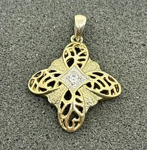 Authentic Vintage Gold Plated Clear Rhinestone Ornate Filigree Art Deco Pendant