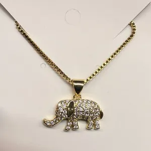 Authentic Gold Plated Clear Pavé CZ Elephant Pendant Chain Necklace