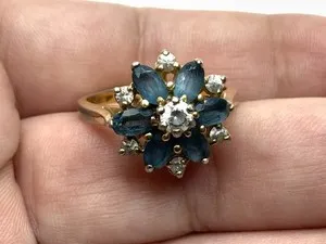Authentic Sterling Silver Gold Plated Rhodium Blue Clear Sapphires Cluster Ring - Sz. 8